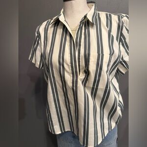 J. Crew Short-Sleeve Button-Down Shirt - White & Dark Green Stripes